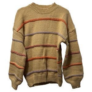 Khaki Knit Sweater With Colorful Textured Stripes Women’s Size Small